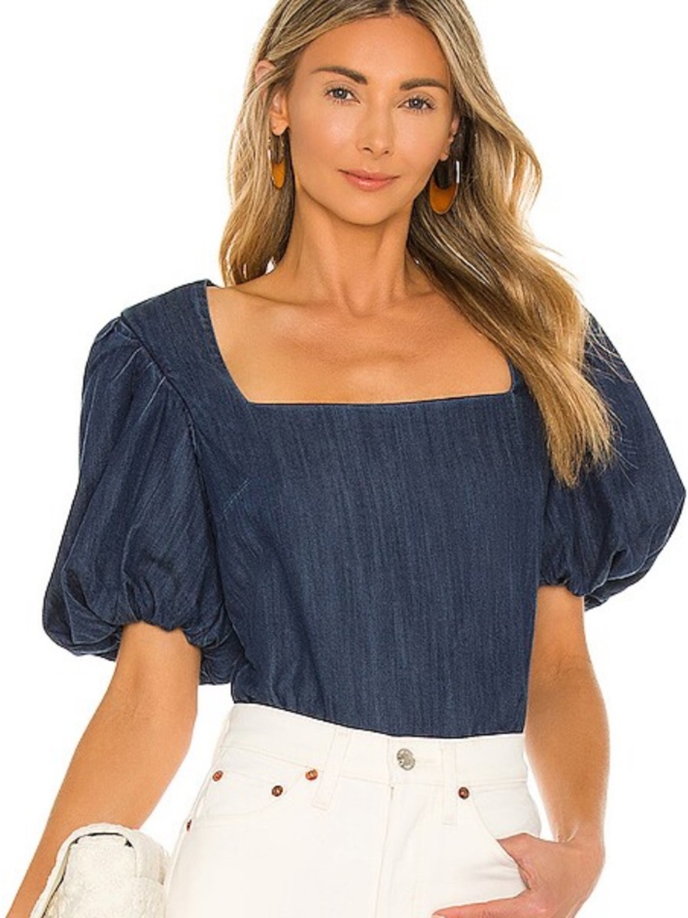 NEW Frame Denim Nina Cropped Puff-Sleeve Blouse in Gorham Blue Denim